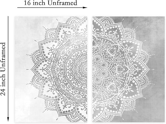 Pennclys Gray Mandala Wall Art Mandala Canvas Wall Decor Abstract Flower Yoga Wall Art Boho Mandala Picture Yoga Lotus Painting Artwork for Living Room Bedroom Decor 16x24x2 Inch Unframed