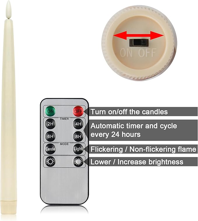 CVHOMEDECO. Flameless Taper Candles with 10-Key Remote, Battery Operated Led Flickering 3D Wick Window Candles Real Wax Finished Home Christmas Party Decor 0.78 x 11 Inch, Pack of 3, Ivory