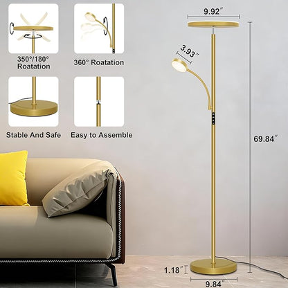 Floor Lamp-42W/4200LM Super Bright Floor Lamp,Dimmable 2-in-1 LED Floor Lamp for Bedroom,Torchiere Floor Lamps with Remote & Touch Control,69" Tall Standing Lamp for Living Room,Office,Reading,Gold