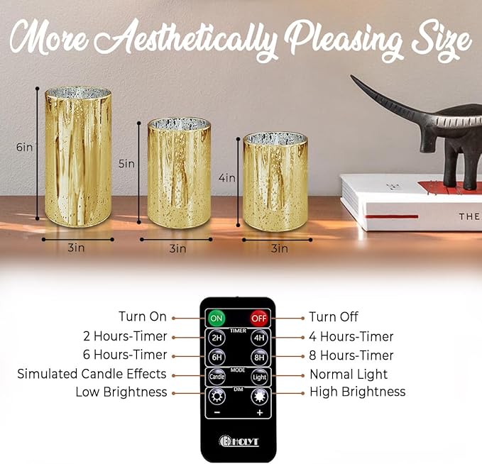 LEDHOLYT Rechargeable Flameless Candle, Flickering LED Pillar Glass Fake Candle with Remote and Timer, Built-in Battery Real Wax Electronic Candle for Room Decoration, Set of 3