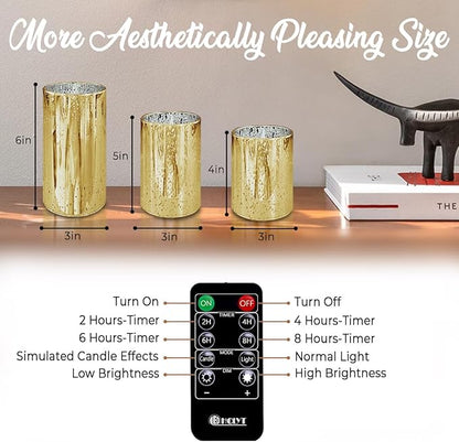 LEDHOLYT Rechargeable Flameless Candle, Flickering LED Pillar Glass Fake Candle with Remote and Timer, Built-in Battery Real Wax Electronic Candle for Room Decoration, Set of 3