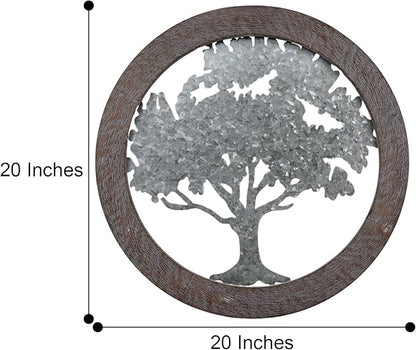 Hosley Metal Tree of Life Wall Art with Wooden Ring 20 Inch Round – Rustic Farmhouse Wall Décor for Living Room, Bathroom, Bedroom, Dining Room – Housewarming Gifts