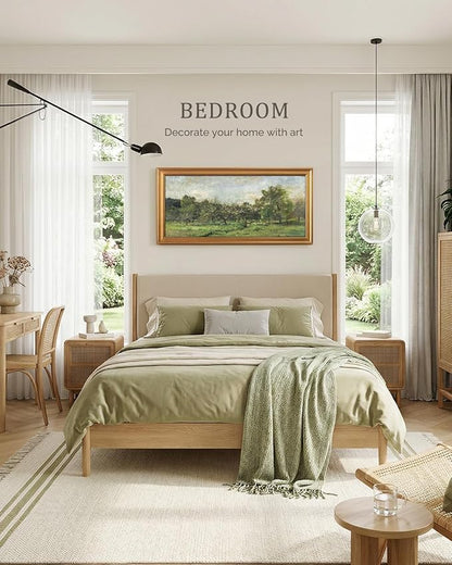 Bzstyleart Vintage Wall Art Decor for Living Room, Large Canvas Framed Wall Art, Landscape Painting Picture Farmhouse, Canvas Artwork for Bedroom Home Decoration Aesthetic, Sunny Field, 20 x 40 Inch