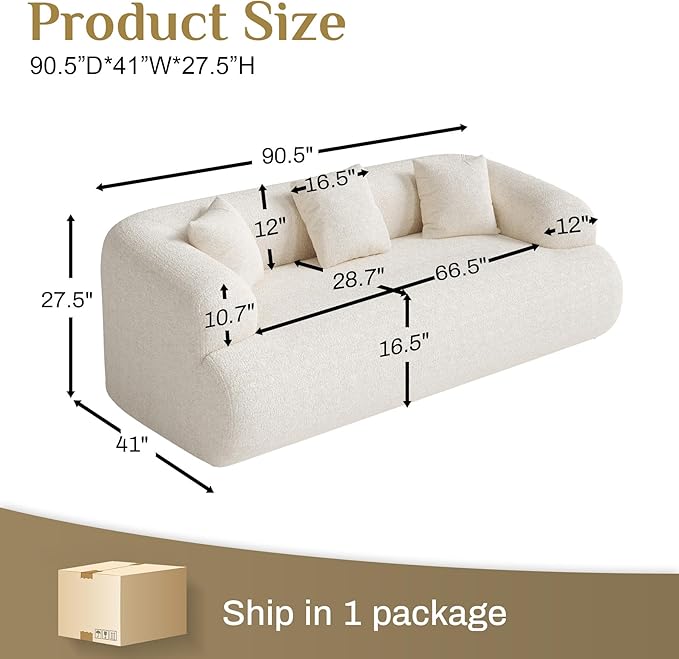 91" Boneless Couch,Cloud Couch,Chenille Curved Sofa with 3 Seater and 3 Pillows, Modern Compression Sofa for Living Room, Bedroom and Apartment, No Assembly Required, Beige White