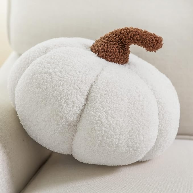 Phantoscope Teddy Fleece Pumpkin Throw Pillows, Halloween Ultra Soft Sherpa Decorative Cute 3D Shaped Cushion, White, 6 x 12 inches