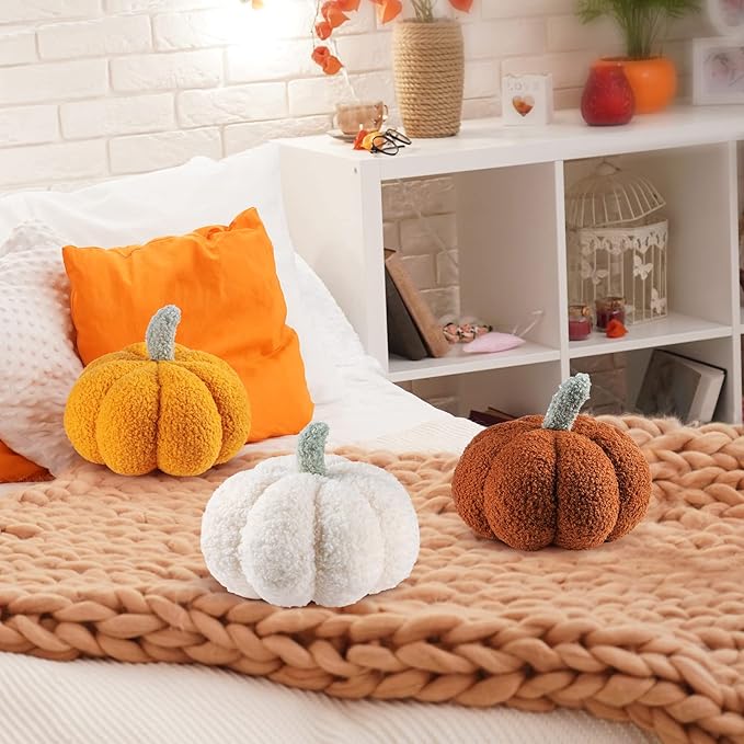 Namalu 3 Pcs Thanksgiving Pumpkin Pillows 3D Throw Cushion Soft Sofa Pillows Stuffed Pumpkin Decoration for Fall Winter Living Room Home Christmas Thank You Gifts(7.87 Inch,White, Yellow, Brown)