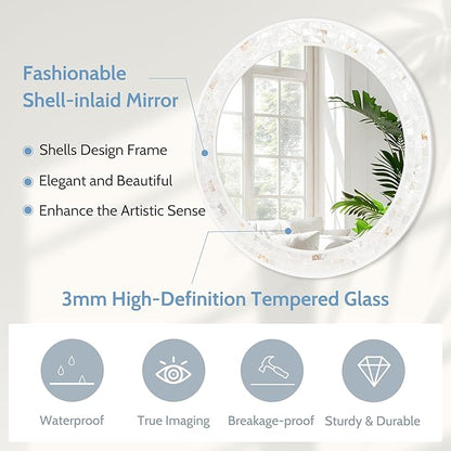 Tanmicoshomy Round Wall Mirror 30 Inch, Natural Shell Framed Circle Mirrors with Tempered Glass for Coastal Bathroom Bedroom Living Room or Entrayway