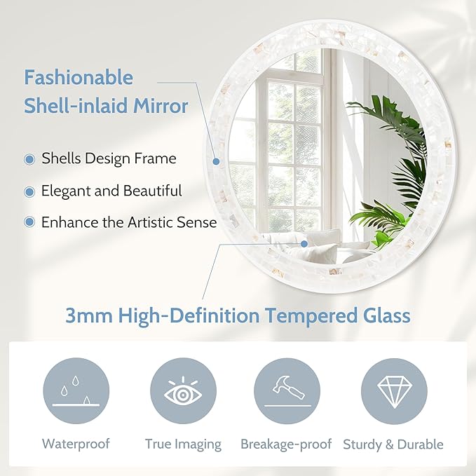 Tanmicoshomy Round Bathroom Mirror 28 Inch,Circle Mosaic Wall Mirrors with Natural Shell Frame, Decorative Coastal Mirrors for Bathroom Bedroom Living Room or Entrayway