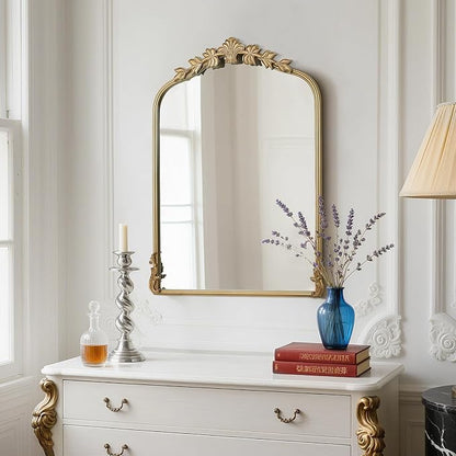 WallBeyond Gold Antique Mirror for Vanity 22x30 Inch, Gold Vintage Mirror with Ornate Frame, Arched Vintage Wall for Bathroom, Living Room, Fireplace
