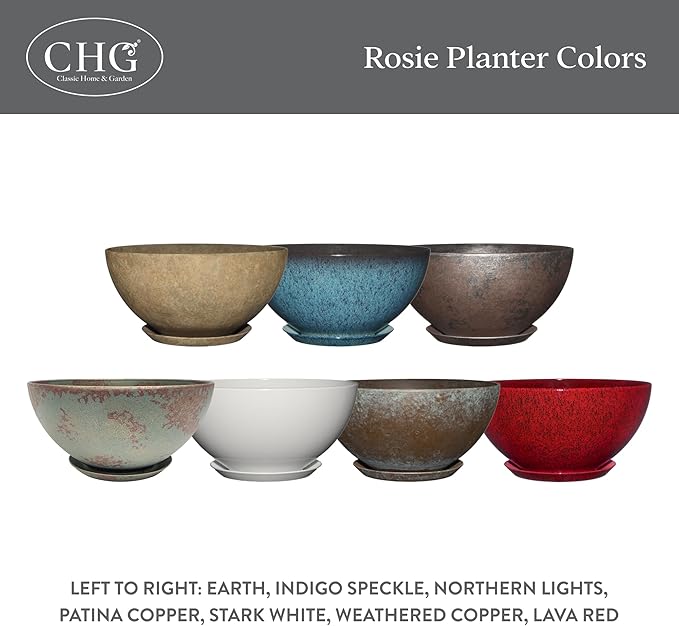 Classic Home and Garden by Growscape Rosie Modern Planter w/Drainage - Contemporary Planter Bowls - Shallow Round Vases for Small Plants - Versatile Indoor & Outdoor Pots (10” Earth)