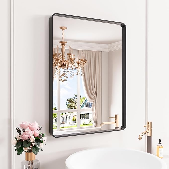 JISOSO Black Bathroom Mirror 21X30 Inch, Black Metal Framed Mirror for Wall, Rounded Rectangle Matte Bathroom Vanity Mirror with Tempered Glass, Anti-Rust, Horizontal/Vertical