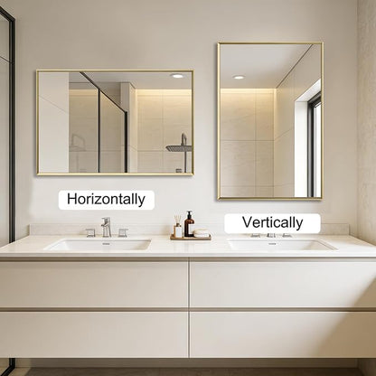 Bathroom Mirror for Wall, 20x30 Inch Metal Framed Mirror, Brushed Gold Rectangle Mirror, Bathroom Vanity Mirror Farmhouse, Tempered Glass, Anti-Rust, Hangs Horizontally or Vertically