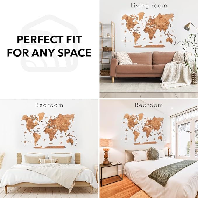 Enjoy The Wood 3D Wooden World Map Wall Art - Large Travel Map with Pins for Art Decor - Decorative Map of the World for Home, Office - Travel Wall Art Housewarming Gift Idea (Oak, 3XL, Unframed)