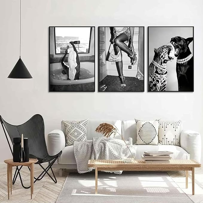 3 Pcs Fashion Leopard Print Canvas Wall Paintings Funny Woman Drinking In Bathtub Paintings Print Black And White Photography Beautiful Chic Woman Preppy Postesr For Bedroom Hallway 24×16 Inch Unframed