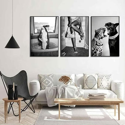 3 Pcs Fashion Leopard Print Canvas Wall Paintings Funny Woman Drinking In Bathtub Paintings Print Black And White Photography Beautiful Chic Woman Preppy Postesr For Bedroom Hallway 24×16 Inch Unframed