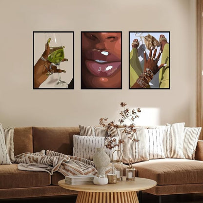 NOSUO Black Wall Art African Woman Canvas Wall Decor Unframed American Black Women Wall Art Black Female Print Pictures Fashion Abstract Poster for Home Bedroom Bathroom 16x24 Inch Set of 3
