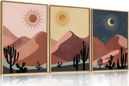 HPNIUB Boho Desert Framed Canvas Wall Art Set, Abstract Sun Moon Art Prints, Modern Cactus Paintings Artwork, Mid Century Southwestern Landscape Wall Decor for Living Room, Bedroom, Office-16 x24 x3