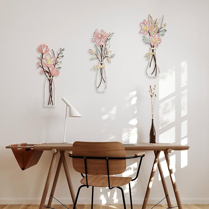 3 Pcs Metal Flowers Wall Arts Rustic Farmhouse Decor Bathroom Wall Decor Metal Wall Decor for Living-room Dining-Room Kitchen Minimalist Decor Housewarming Gifts (Multicolored)