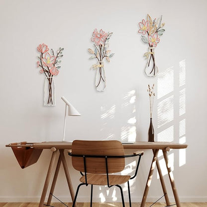 3 Pcs Metal Flowers Wall Arts Rustic Farmhouse Decor Bathroom Wall Decor Metal Wall Decor for Living-room Dining-Room Kitchen Minimalist Decor Housewarming Gifts (Multicolored)