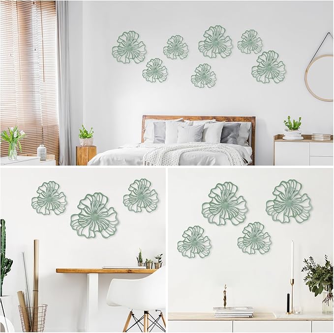 7 Piece Metal Wall Decor for Living Room, Boho Double Layered Iron Flower Wall Hanging Art, Aesthetic Indoor Metal Wall Sculpture Decor for Bedroom Kitchen Bathroom Farmhouse Home Office, Green