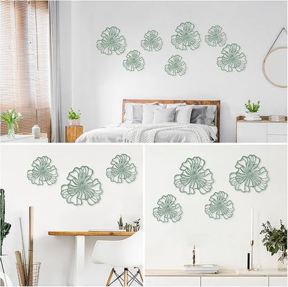 7 Piece Metal Wall Decor for Living Room, Boho Double Layered Iron Flower Wall Hanging Art, Aesthetic Indoor Metal Wall Sculpture Decor for Bedroom Kitchen Bathroom Farmhouse Home Office, Green