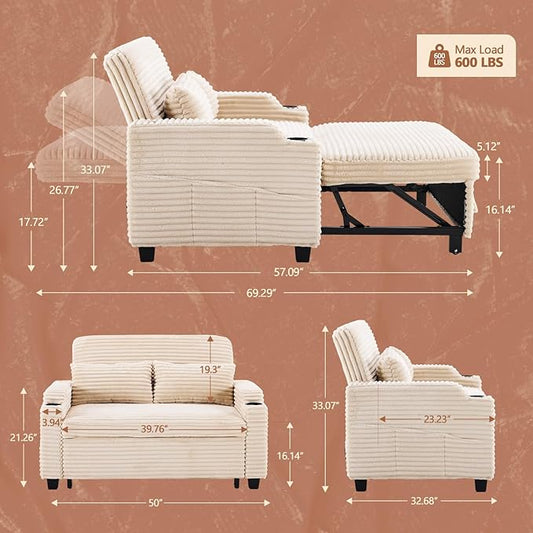 VINGLI Beige Futon Sofa Bed Convertible Loveseat Sleeper Sofa Couch, Corduroy Pullout Sofa Fold Out Couch Bed with USB Ports, Cup Holders, Armrest for Living Room, Bedroom Apartment Room | Loveseat Sleeper