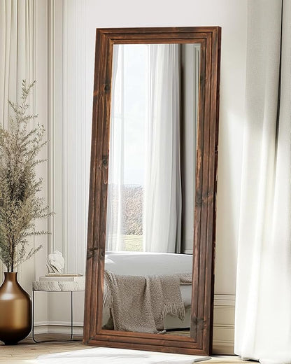 Full Length Mirror 65"x24" Solid Wood Frame Floor Large Mirror for Living Room, Bedroom Hanging or Leaning Wall-Mounted, Brown