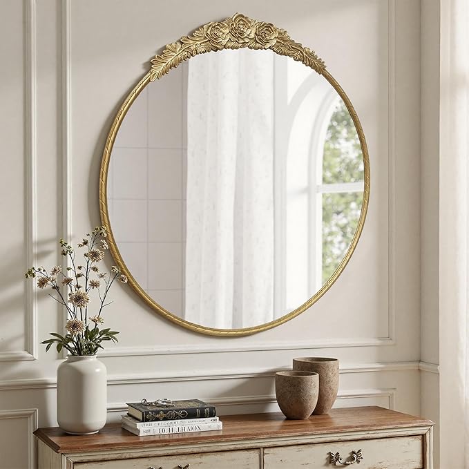 Growsun Round Wall Mirror with Vintage Gold Floral Frame – 28 Inch Decorative Wall Mirror for Living Room, Bedroom, Entryway, Bathroom Vanity – Elegant Antique Accent Home Décor