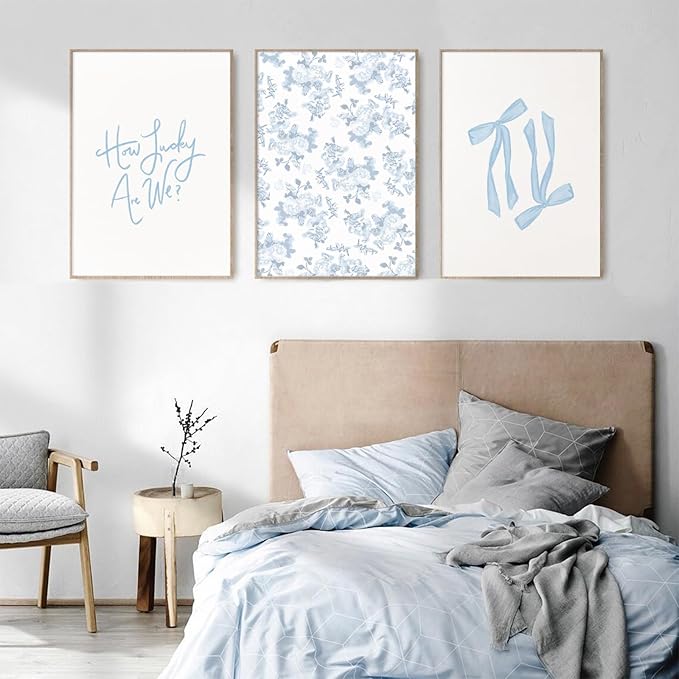 Baccone Blue Bow Wall Art Floral Canvas Wall Decor Coquette Flower Wall Art Trendy Aesthetic Poster Girly Preppy Pictures Blue Floral Prints for Living Room Bathroom 12x16 Inch Unframed Set of 3