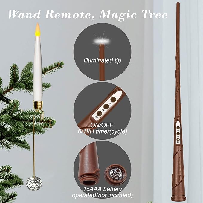 Leejec Christmas Tree Candles with Wand Remote, 10 Pack Battery Operated Flameless Taper Window Candle, Flickering Warm Light, Xmas Tree Decorations with Crystal Ball Hook, Wedding Home Gift