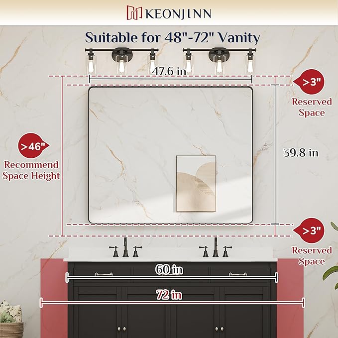 Keonjinn Black Bathroom Mirror for Over Sink, 48" x 40" Large Rounded Rectangle Bathroom Vanity Mirror, Matte Black Sandblasted Finish, Tempered Glass Seamless Aluminum Alloy Frame Decorative Mirror