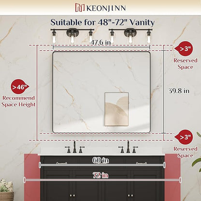 Keonjinn Black Bathroom Mirror for Over Sink, 48" x 40" Large Rounded Rectangle Bathroom Vanity Mirror, Matte Black Sandblasted Finish, Tempered Glass Seamless Aluminum Alloy Frame Decorative Mirror