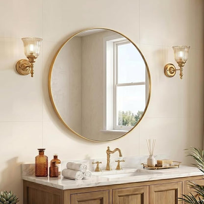 ANDY STAR Round Gold Mirror, 28 Inch Brass Round Mirror, Brushed Brass Bathroom Mirrors for Over Sink, Decorative Wall Mirrors, 1 Inch Deep Set Design, Ideal for Home Remodel, Hanging or Leaning