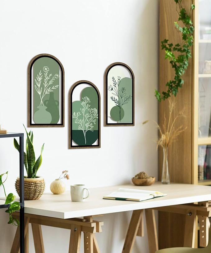 Putuo Decor Boho Botanical Wall Art Set of 3, Abstract Floral Artwork with Vase and Green Tones, Mid Century Modern MDF Wooden Wall Decor for Living Room Bedroom Office, Arch Design 16x8in