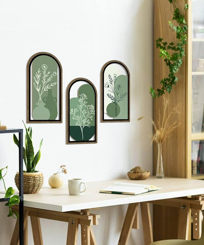 Putuo Decor Boho Botanical Wall Art Set of 3, Abstract Floral Artwork with Vase and Green Tones, Mid Century Modern MDF Wooden Wall Decor for Living Room Bedroom Office, Arch Design 16x8in