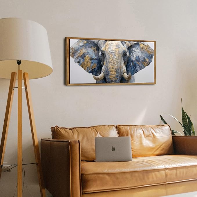 Gray and Gold Elephant Wall Decor Brown Framed African Elephant Canvas Wall Art for Living Room Grassland Animal Painting Minimalist Textured Wildlife Picture Modern Artwork Bedroom Decorations 20x40
