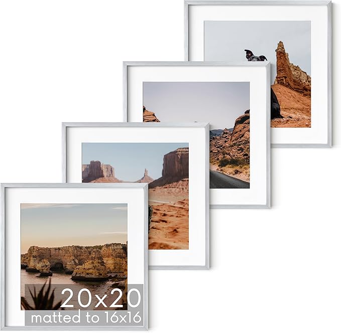HAUS AND HUES 20x20 Silver Metal Picture Frames Matted to 16x16 - Premium Aluminum with Hanging Hardware, Shatterproof Plexiglass - Ideal for Home or Office (20x20 in, Silver, Set of 4)