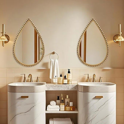 24x36 Inch Large Teardrop Wall Mirror with Bold Antique Gold Beaded Iron Metal Frame, Pointed Arch Vertical Vanity Mirror for Bathroom, Entryway, Bedroom, Living Room Wall Mounted