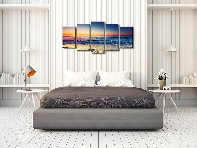 Pyradecor Ocean Seascape Canvas Prints Wall Art Sea Beach Pictures Paintings for Living Room Bedroom Home Decorations 5 Piece Modern Stretched Ready to Hang Landscape Artwork