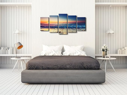 Pyradecor Ocean Seascape Canvas Prints Wall Art Sea Beach Pictures Paintings for Living Room Bedroom Home Decorations 5 Piece Modern Stretched Ready to Hang Landscape Artwork