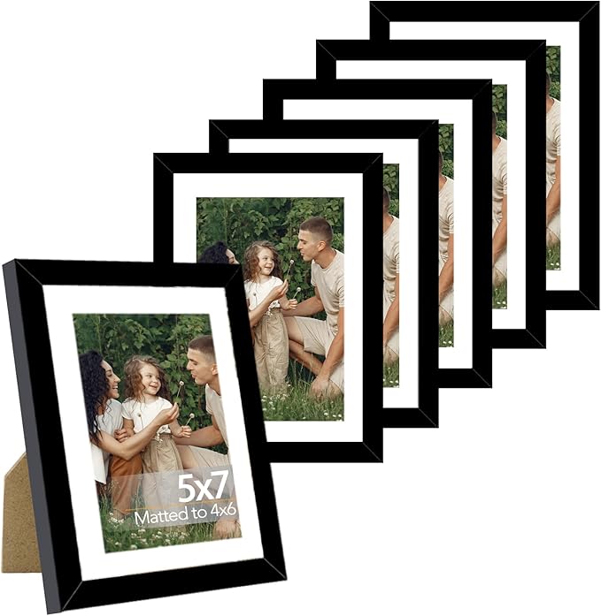 JCJMY 5x7 Picture Frame with 4x6 Mat Set of 6, Display Photo 4x6 with Mat or 5x7 without Mat, 5 by 7 Wall Poster Photo Frame with Shatter Resistant Plexiglass for Wall or Tabletop, 6 Pack, Black