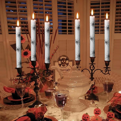 Halloween Flameless Taper Candles Battery Operated with Remote and Timer, Real Wax 3D Wick Flickering LED Taper Candle Spider Web Decals Dinner Table Halloween Decor(4 Pack, 0.78”D x 9.64”H)