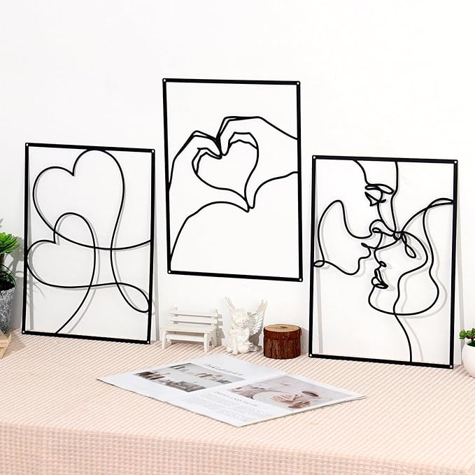 KOYILTD 3 Pcs Metal Minimalist Wall Art Love Wall Decor Metal Line Wall Art Bedroom Decor for Couples Love Decoration for Bedroom Living Room Bathroom Valentine's Day Decoration (Black)