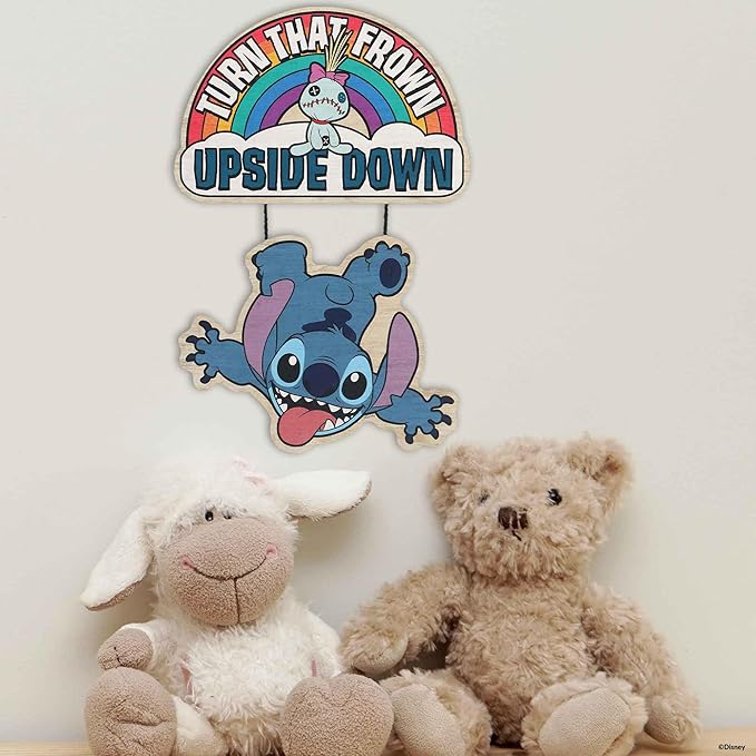 Open Road Brands Disney Lilo and Stitch Turn That Frown Upside Down Linked Hanging Wood Wall Decor - Fun Stitch Decoration for Kids' Bedroom or Play Room