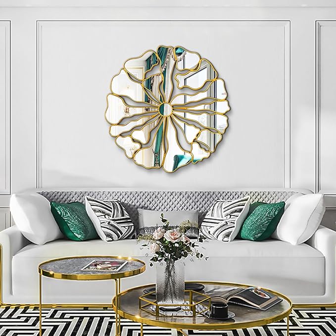 Gold Wall Mirrors Decorative, 32” Large Round Mirrors for Wall Decor, Flower Shaped Decorative Wall Mirror for Living Room, Bedroom, Dining Room