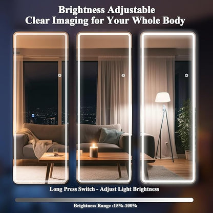 LED Mirror Full Length - 71" x 26" Large Round Corners Floor Full Body Mirror with 3 Color Lights Brightness Adjustable, Standing Leaning for Bedroom, Dressing Room, Cloakroom, White
