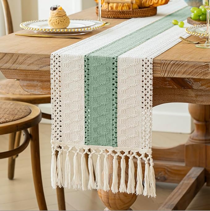 FEXIA Sage Green Table Runner 60 Inches Long with Tassels Boho for Summer Home Decor Rustic Macrame Farmhouse Table Cover for Wedding Party Bohemian Bridal Shower Dining Decorations(12x60 Inches)