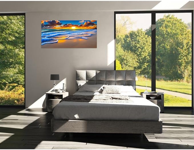 TutuBeer 1 Panel Wall Decor Beach Ocean Pictures Sunrise over the Beach Pictures Print on Canvas Seascape Canvas Coastal Wall Art Ocean Wall Art Stretched and Framed 16" x 32"