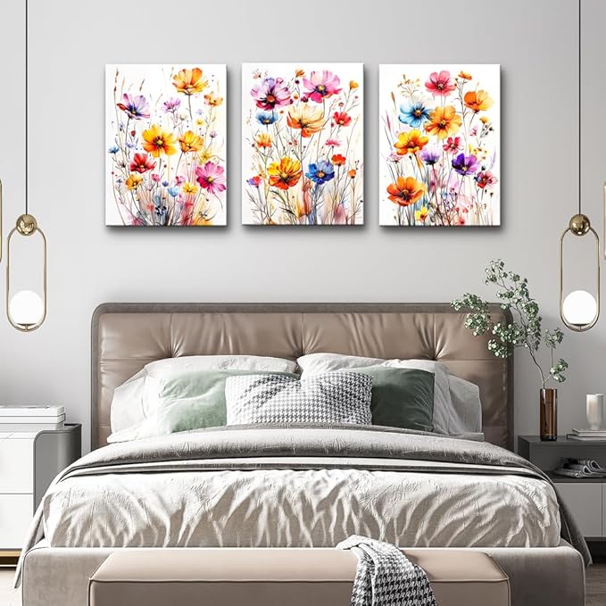 DZRWUBHS Watercolour Floral Wall Art for Living Room Canvas Wall Decor for Bedroom Modern Family Decor Flowers Posters Vintage Wildflower Pictures Print Paintings Artwork Home Decoration 3 Piece