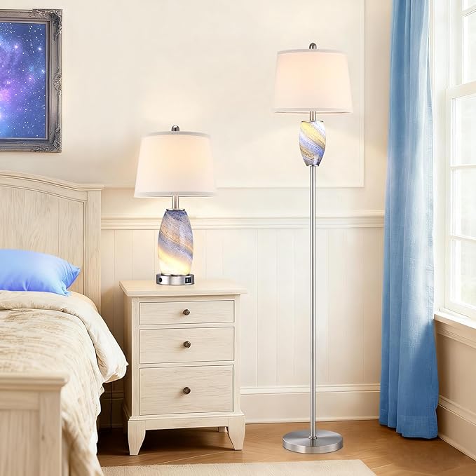 Lovlast Modern Floor Lamp with Nightlight for Living Room, Bedroom, Stained Glass Blue Lamp for Living Room Decor, Mid Century 65" Tall Standing Corner Lamp(Bulb Included)